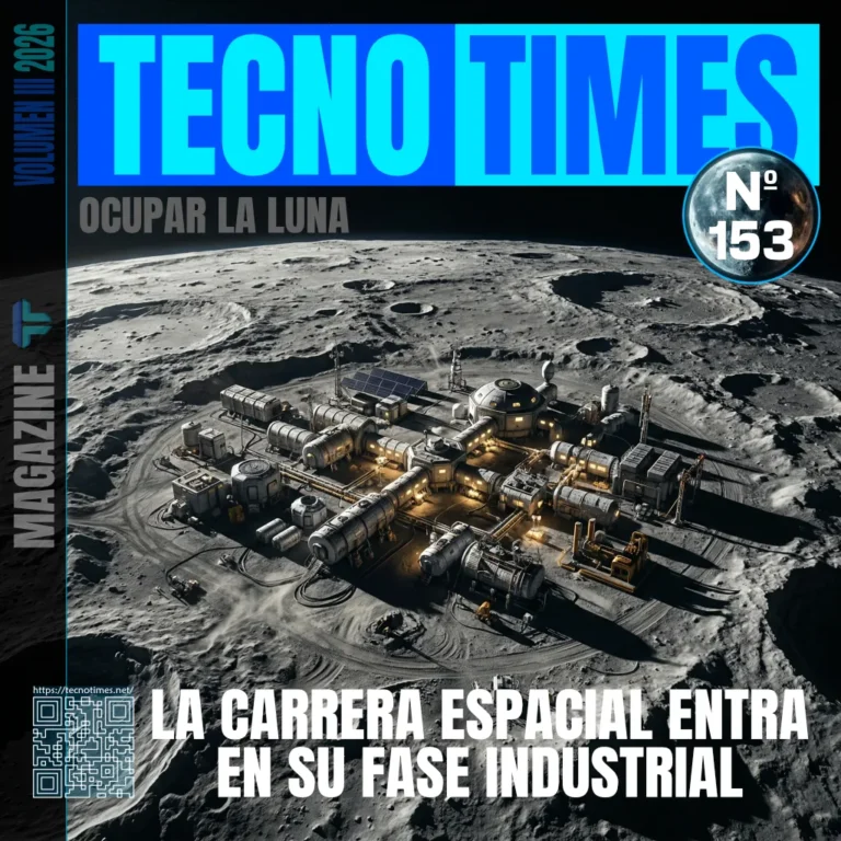 Asentamiento lunar con módulos habitables y sistemas energéticos sobre la superficie de la Luna, representando el inicio de la ocupación y la nueva fase industrial de la carrera espacial.