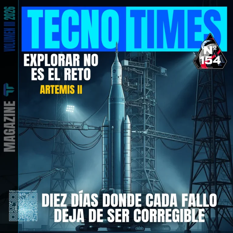 Portada de TecnoTimes nº 154 con el cohete Artemis II en plataforma de lanzamiento, destacando la misión como prueba de estrés del sistema en espacio profundo
