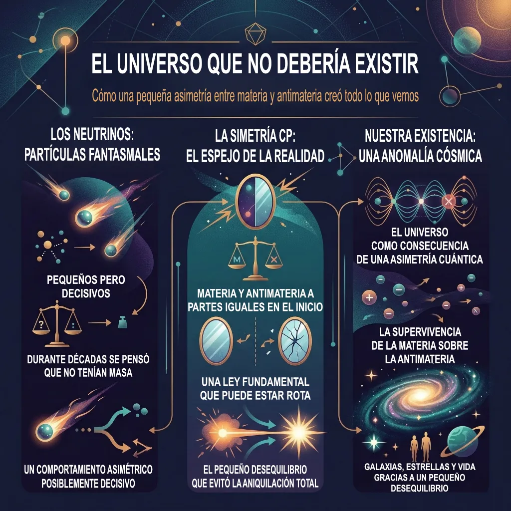 El universo que no debería existir: neutrinos y asimetría materia-antimateria. Infografía científica sobre la asimetría entre materia y antimateria y el papel de los neutrinos y la simetría CP en el origen del universo.