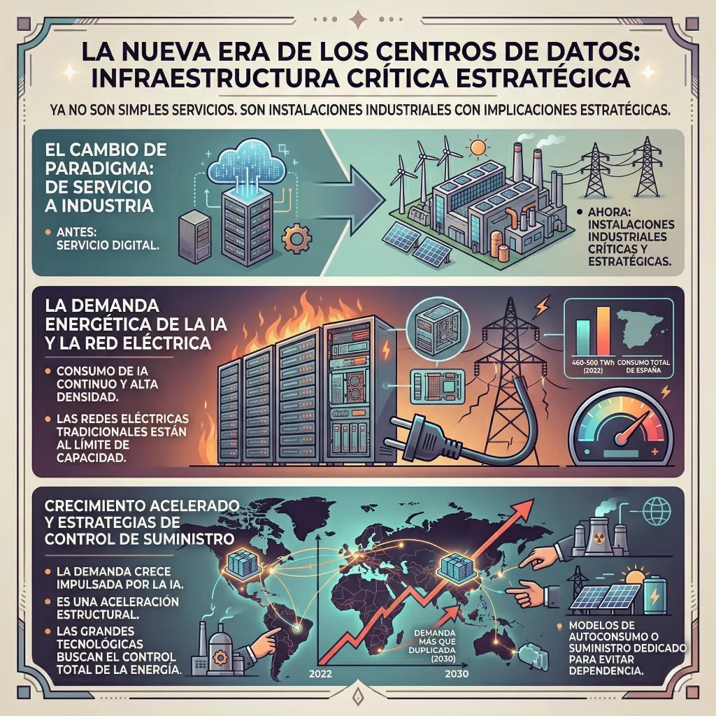 Infografía sobre la transformación de los centros de datos en infraestructuras críticas, mostrando el aumento del consumo energético de la IA, la presión sobre la red eléctrica y su impacto estratégico global.