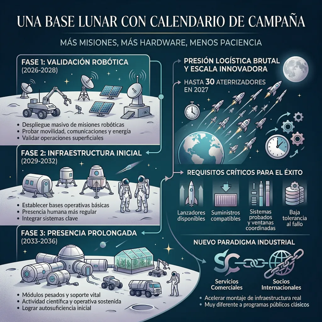 Fases del plan de la NASA para establecer una base lunar permanente y su nuevo modelo industrial Infografía sobre el plan de la NASA para una base lunar permanente, con tres fases: validación robótica, infraestructura inicial y presencia prolongada, junto a los retos logísticos y el nuevo paradigma industrial.