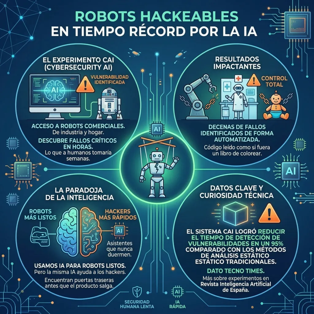 Robots hackeables en tiempo récord por la IA Infografía sobre cómo la inteligencia artificial puede detectar y explotar vulnerabilidades en robots y sistemas conectados en tiempo récord