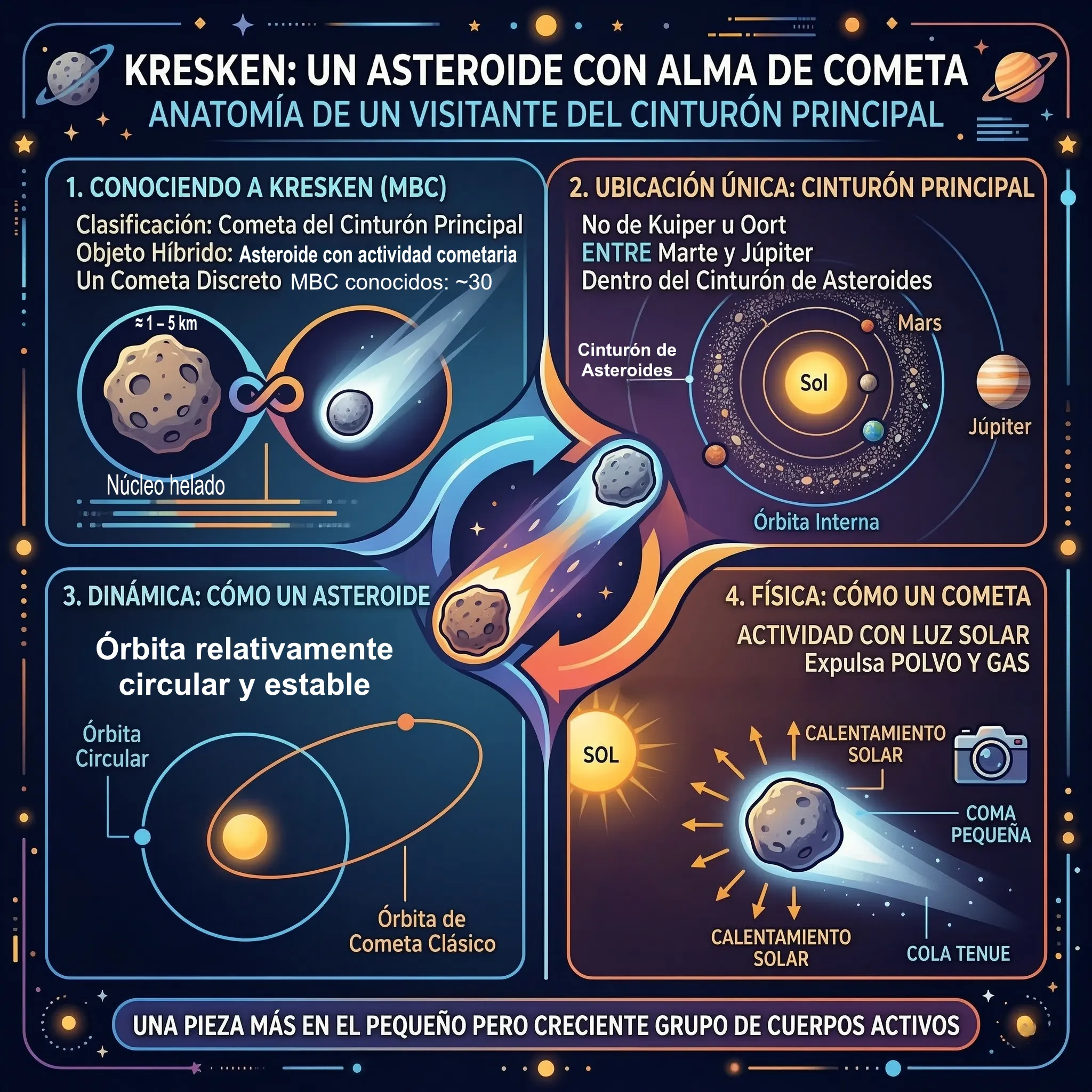 Infografía que explica el cometa P/2025 W3 (Kresken), un cometa del cinturón principal con órbita de asteroide y actividad cometaria por calentamiento solar.