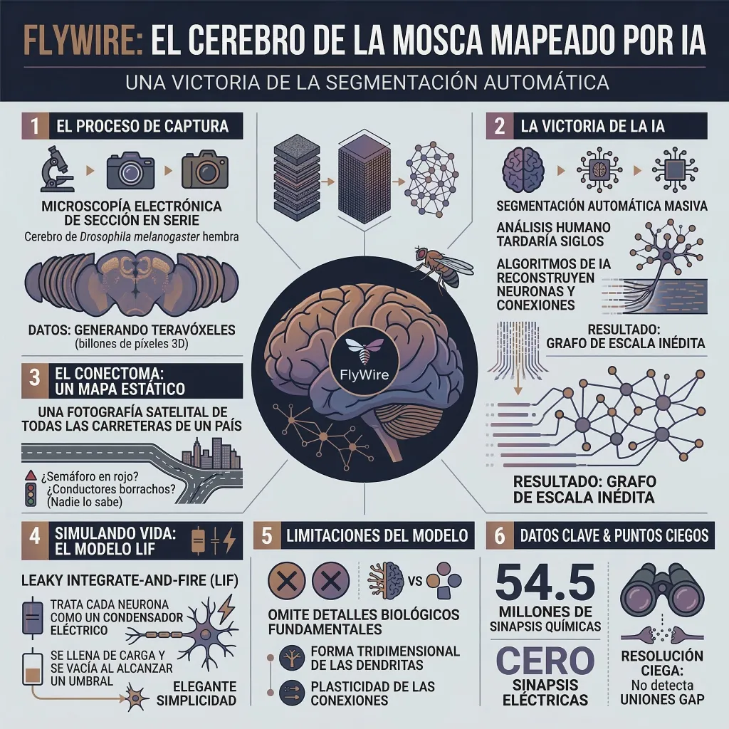 Infografía del proyecto FlyWire que explica cómo se mapea el cerebro de una mosca y las limitaciones del modelo neuronal simulado.