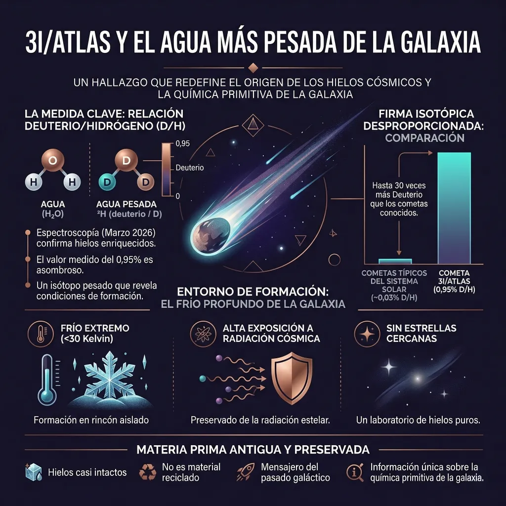 Infografía sobre el cometa interestelar 3I/ATLAS que explica su alta relación de deuterio/hidrógeno en el agua, compara su firma isotópica con cometas del sistema solar, y describe su formación en condiciones de frío extremo, radiación cósmica y aislamiento estelar.