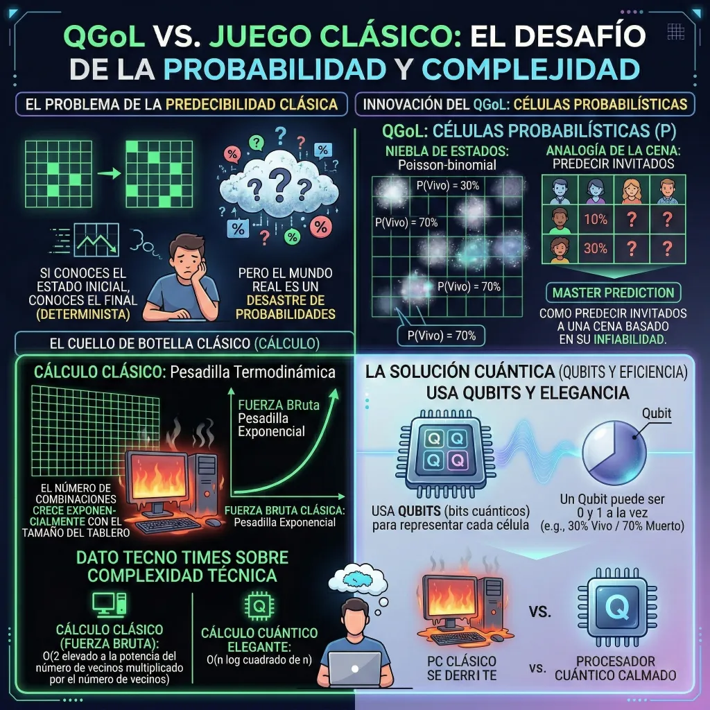 Infografía comparativa entre el Juego de la Vida clásico y el Juego de la Vida Cuántico (QGoL), mostrando el paso de un sistema determinista predecible a un modelo probabilístico basado en qubits y distribuciones de probabilidad.