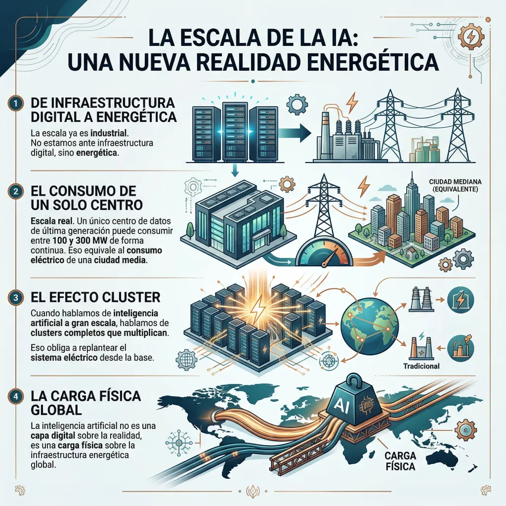 Infografía sobre la escala energética de la inteligencia artificial, mostrando el consumo de centros de datos, el efecto de los clusters y su impacto como carga física sobre la infraestructura energética global.
