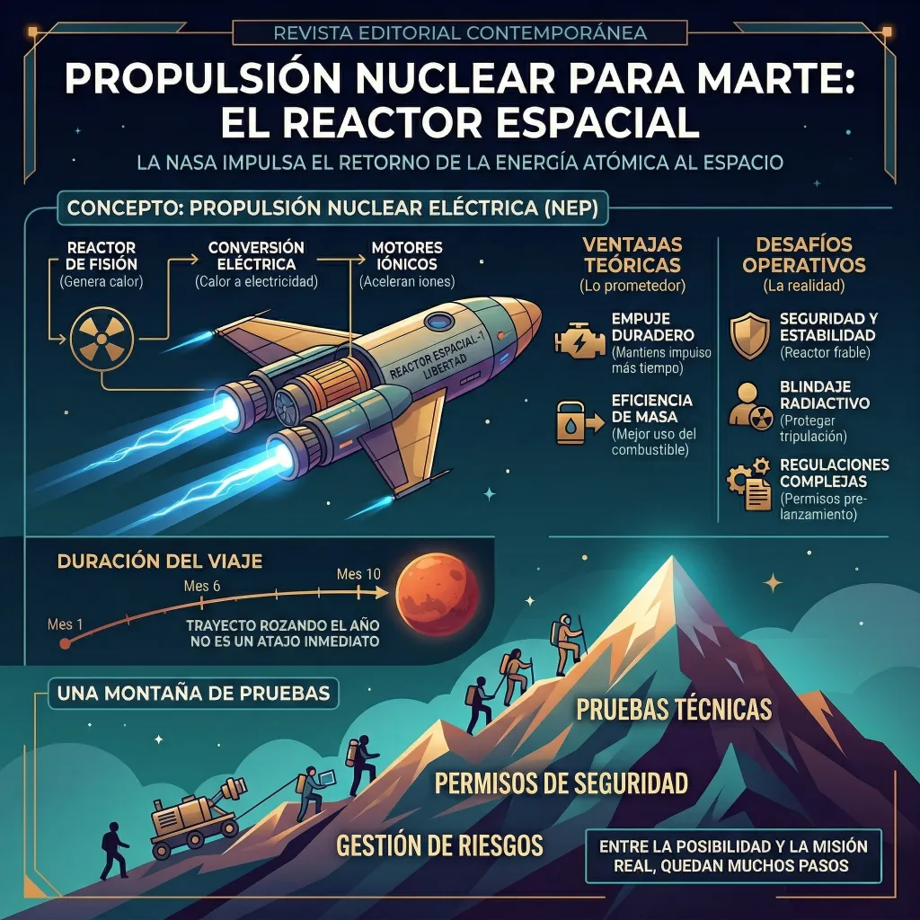 Propulsión nuclear para Marte: funcionamiento, ventajas y desafíos del reactor espacial Infografía sobre la propulsión nuclear eléctrica para misiones a Marte, mostrando el uso de reactores de fisión, motores iónicos, ventajas teóricas y los desafíos técnicos y regulatorios.