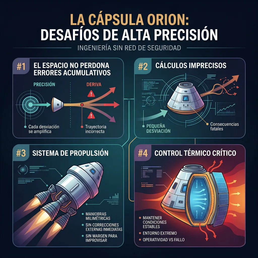 Infografía técnica de la cápsula Orion que muestra los desafíos de alta precisión en espacio profundo, incluyendo errores acumulativos, desviaciones de trayectoria, sistema de propulsión y control térmico crítico