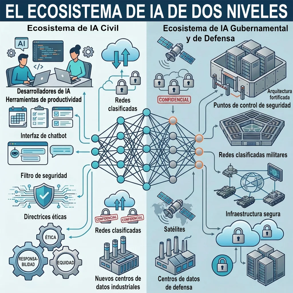 Diagrama del ecosistema dual de inteligencia artificial con un entorno civil regulado y otro gubernamental y militar conectado a redes clasificadas.
