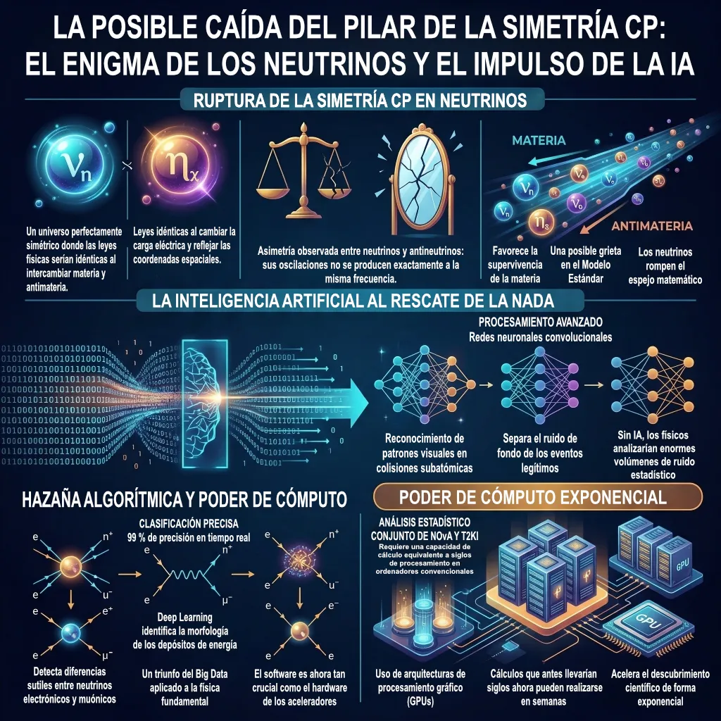 Violación de la simetría CP en neutrinos y análisis de datos con inteligencia artificial. Infografía sobre la ruptura de la simetría CP en neutrinos y el uso de inteligencia artificial para analizar datos de experimentos de física de partículas.