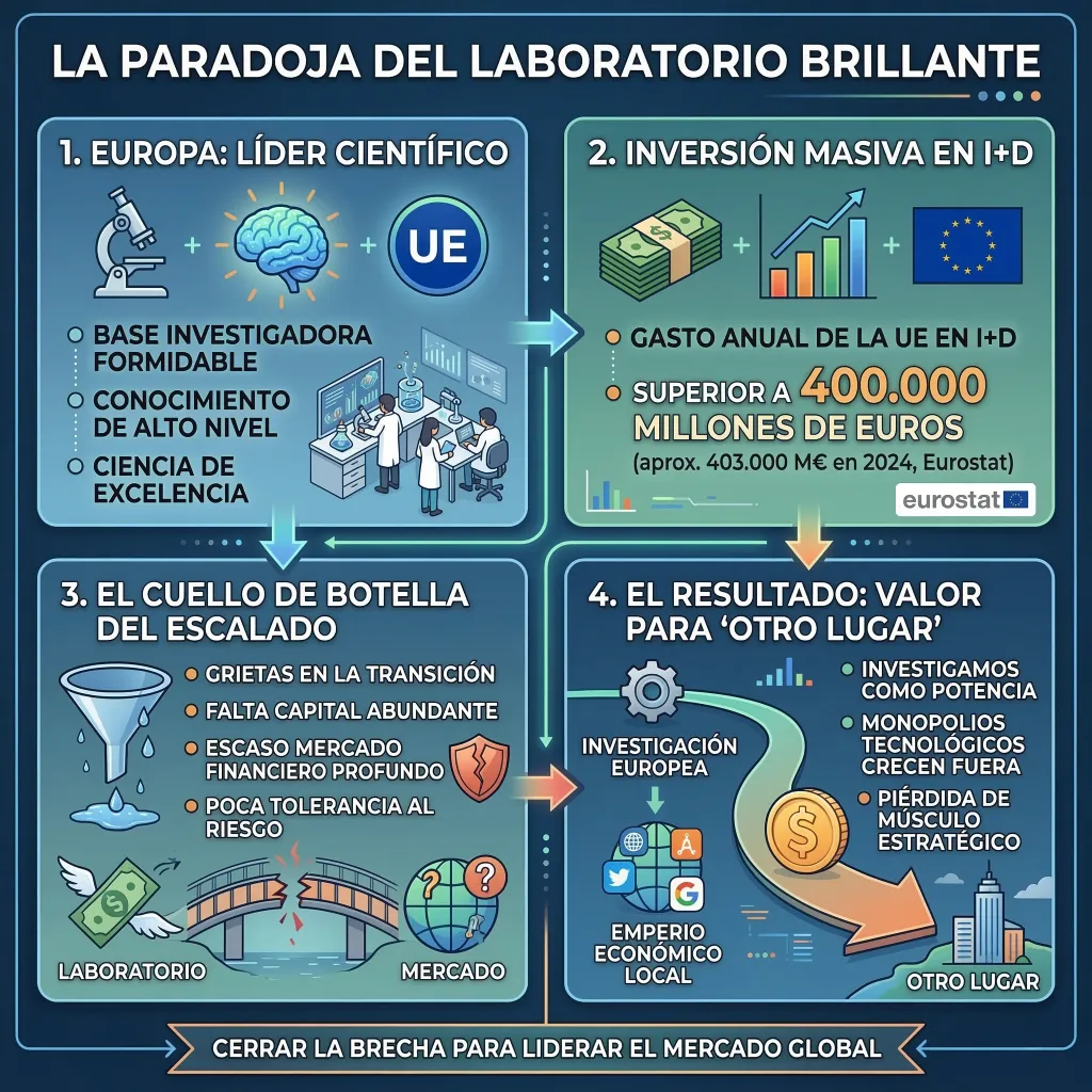 Infografía sobre la paradoja del laboratorio brillante en Europa y la dificultad de escalar innovación.
