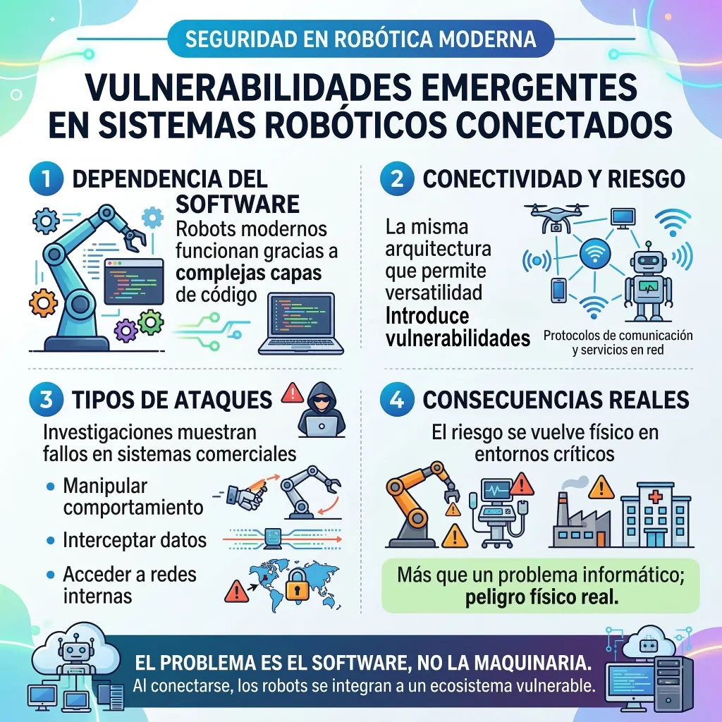 Vulnerabilidades emergentes en sistemas robóticos conectados Infografía sobre vulnerabilidades emergentes en sistemas robóticos conectados y los riesgos de seguridad derivados del software y la conectividad