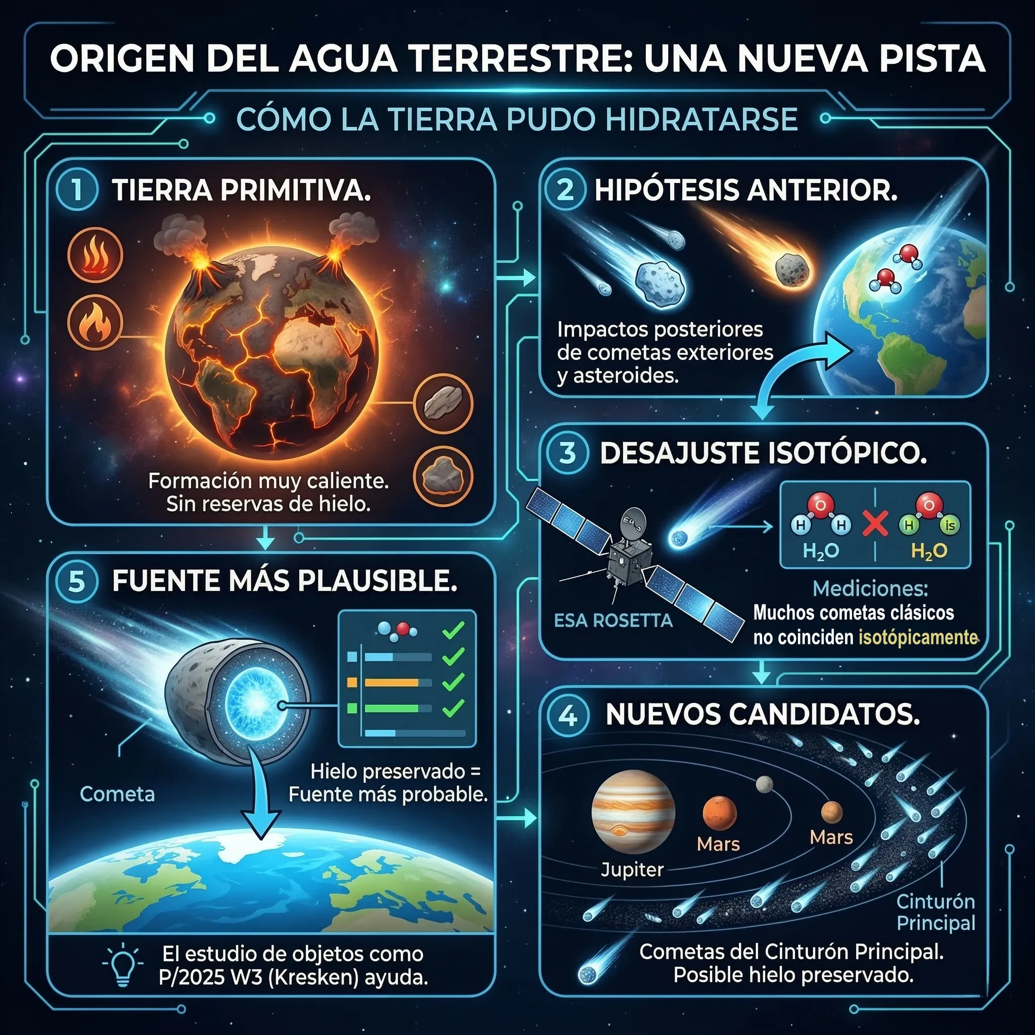 Infografía sobre el origen del agua en la Tierra y el papel de los cometas del cinturón principal como posible fuente de agua durante la formación del planeta.