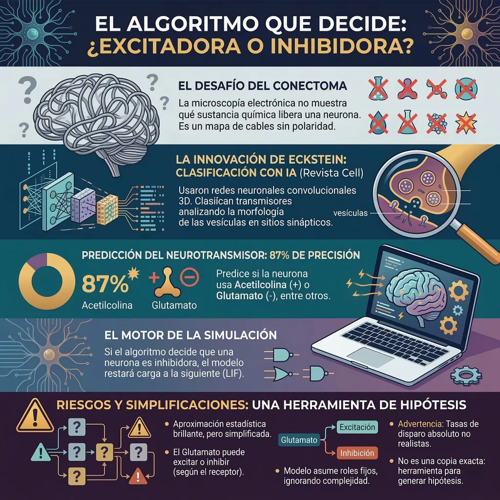 Infografía sobre el uso de inteligencia artificial para clasificar neurotransmisores en el conectoma de la mosca y sus limitaciones.