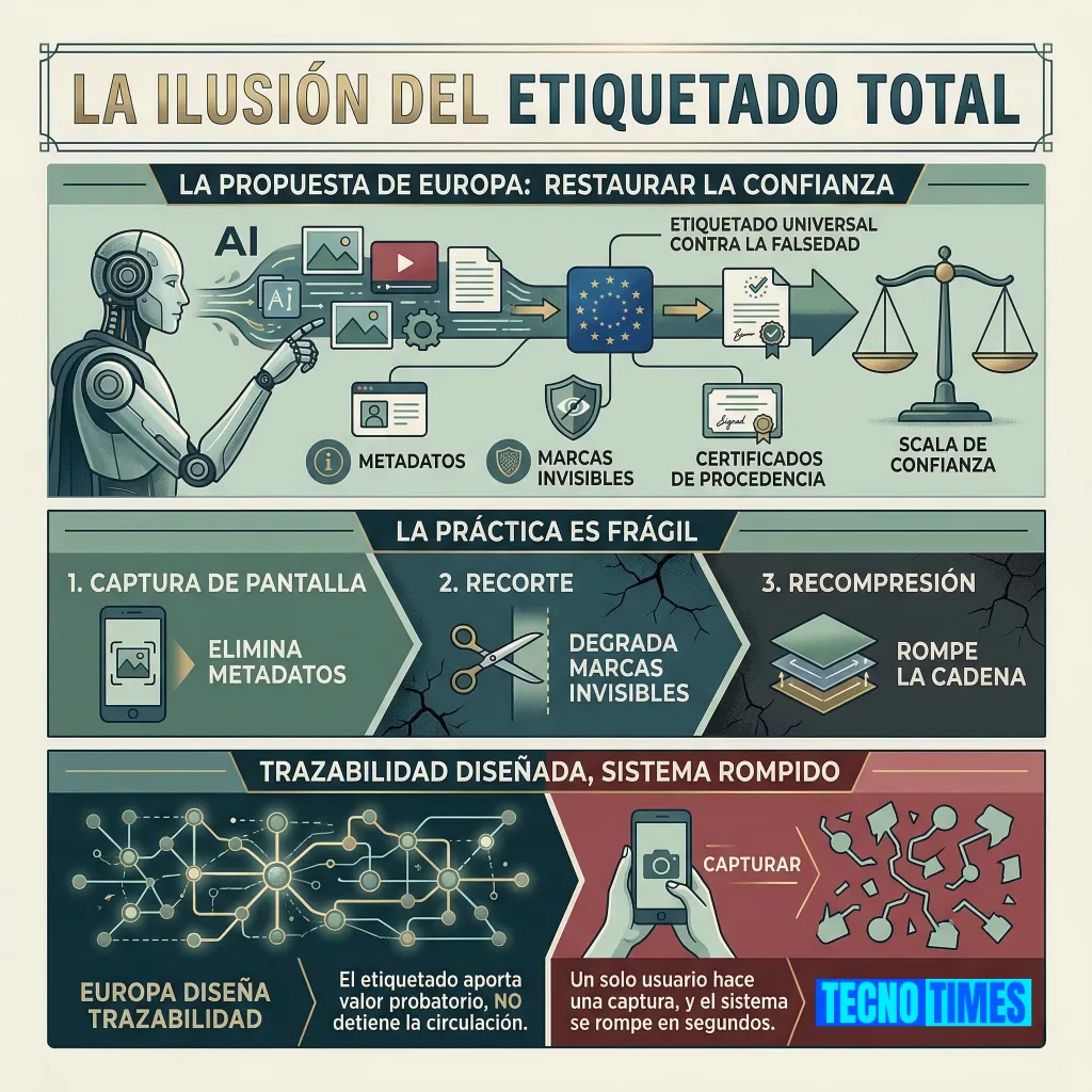 Infografía sobre las limitaciones del etiquetado de contenido generado por IA en Europa, mostrando cómo la trazabilidad digital puede romperse fácilmente mediante capturas, recortes y recompresión.