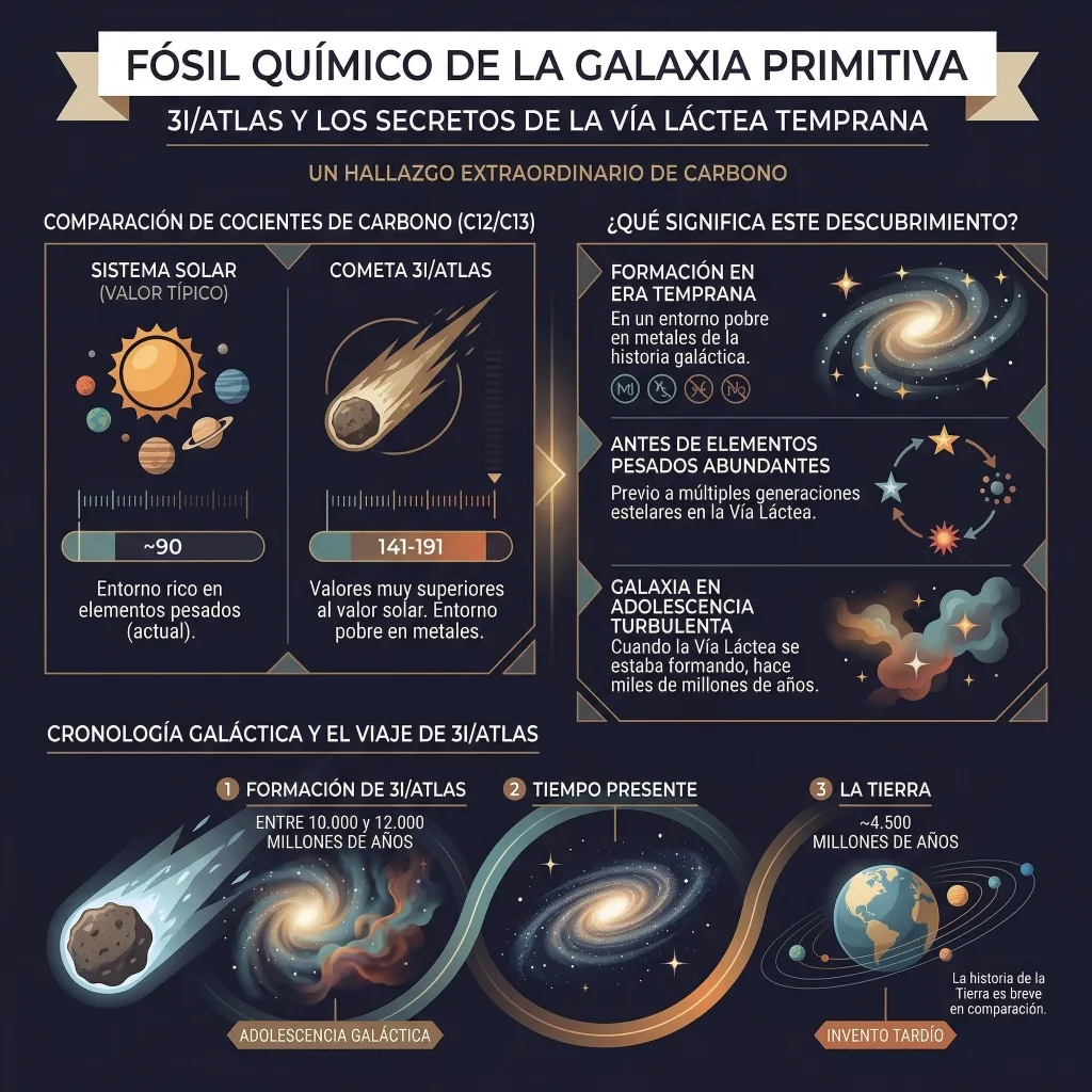 Infografía sobre el cometa interestelar 3I/ATLAS que compara los cocientes isotópicos de carbono con el sistema solar, explica su formación en una galaxia primitiva pobre en metales y muestra su antigüedad a través de una cronología galáctica de hasta 12.000 millones de años.