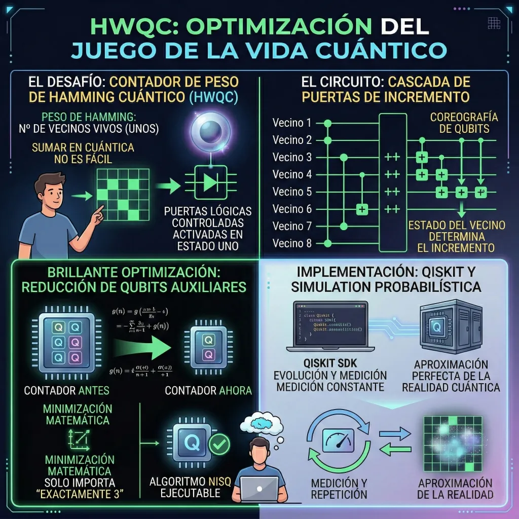 Infografía técnica del HWQC (Quantum Hamming Weight Counter), mostrando el circuito cuántico utilizado para contar vecinos vivos en el Juego de la Vida Cuántico mediante una cascada de puertas lógicas controladas y optimización de qubits auxiliares.