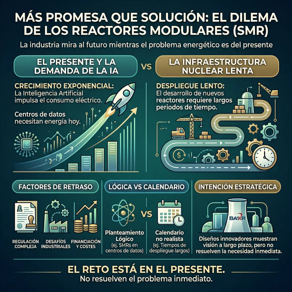 Infografía sobre los reactores modulares SMR y su desfase frente a la demanda energética de la inteligencia artificial, destacando el crecimiento del consumo, los retrasos en despliegue y las limitaciones estratégicas.