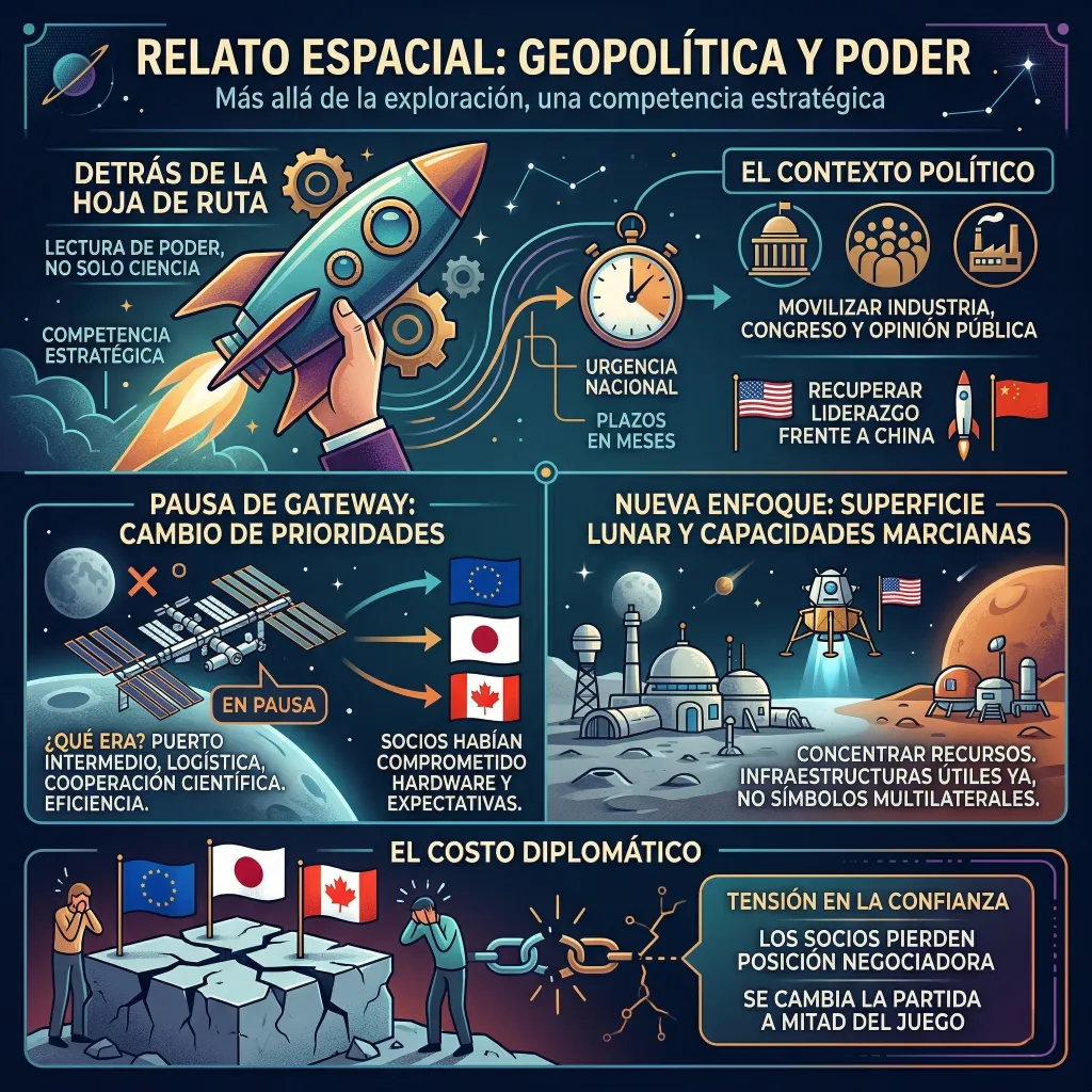 Geopolítica espacial: estrategia de la NASA, cambio de prioridades y competencia global por la Luna y Marte Infografía sobre la geopolítica espacial que analiza la estrategia de la NASA, el cambio de prioridades con la cancelación de Gateway y la competencia internacional por el liderazgo en la Luna y Marte.