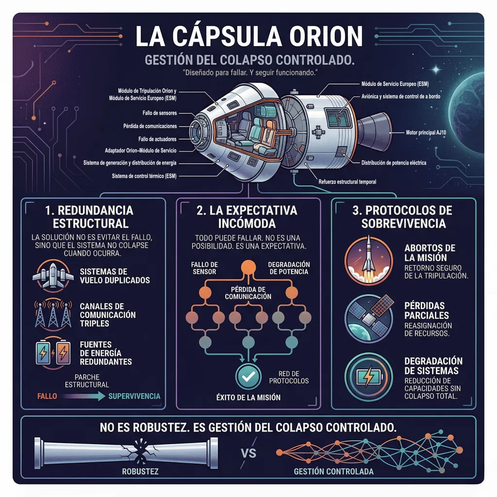 Infografía de la cápsula Orion que muestra la gestión del colapso controlado mediante redundancia estructural, fallos esperados y protocolos de supervivencia en misiones de espacio profundo