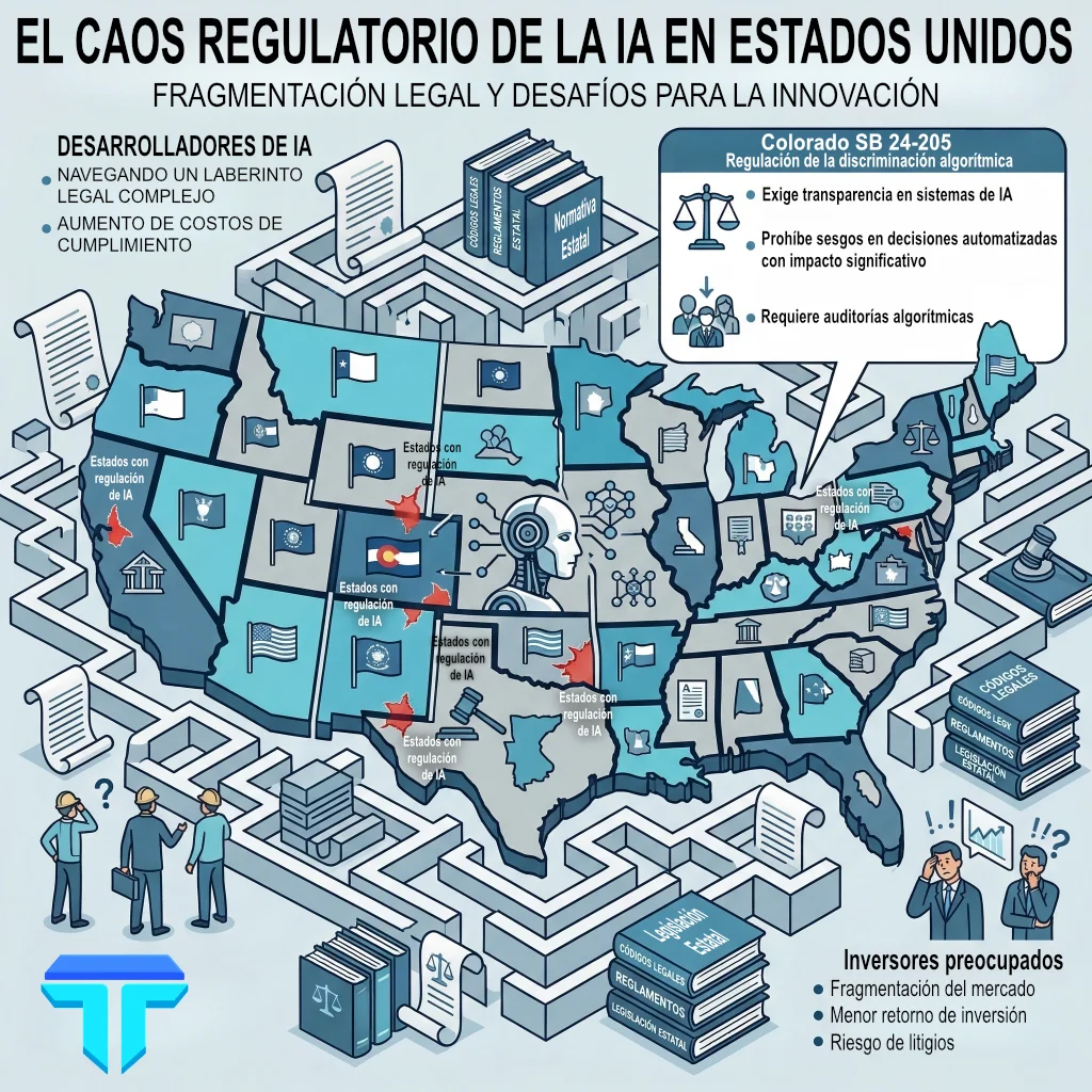 Mapa de Estados Unidos mostrando la fragmentación regulatoria de la inteligencia artificial entre diferentes legislaciones estatales y la ley de Colorado SB 24-205.