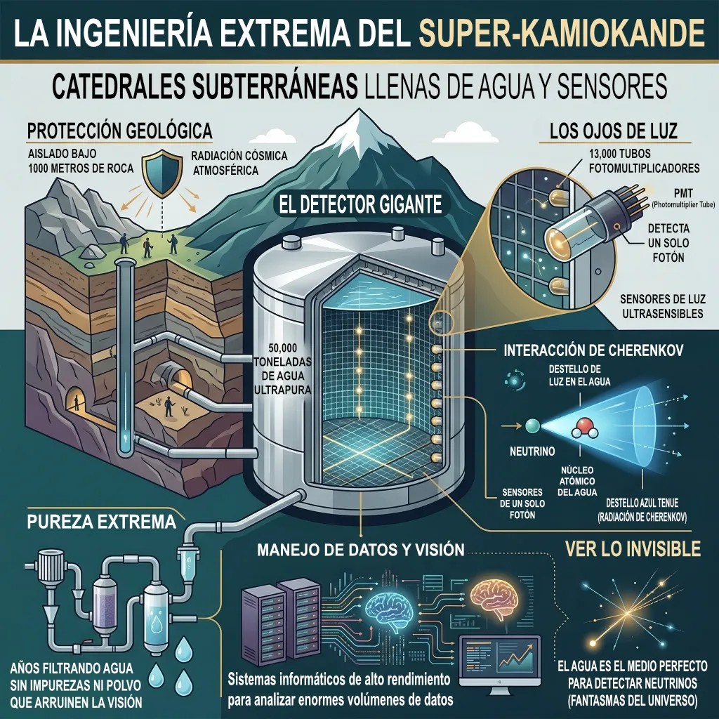 Detector de neutrinos Super-Kamiokande – Ingeniería extrema de la física de partículas. Infografía del detector de neutrinos Super-Kamiokande en Japón mostrando su tanque de 50.000 toneladas de agua ultrapura y los sensores fotomultiplicadores.