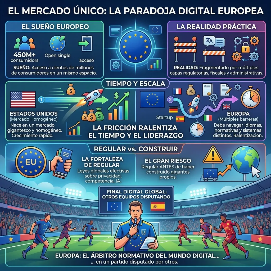 Infografía sobre la paradoja digital europea y las barreras del mercado único para escalar tecnología.