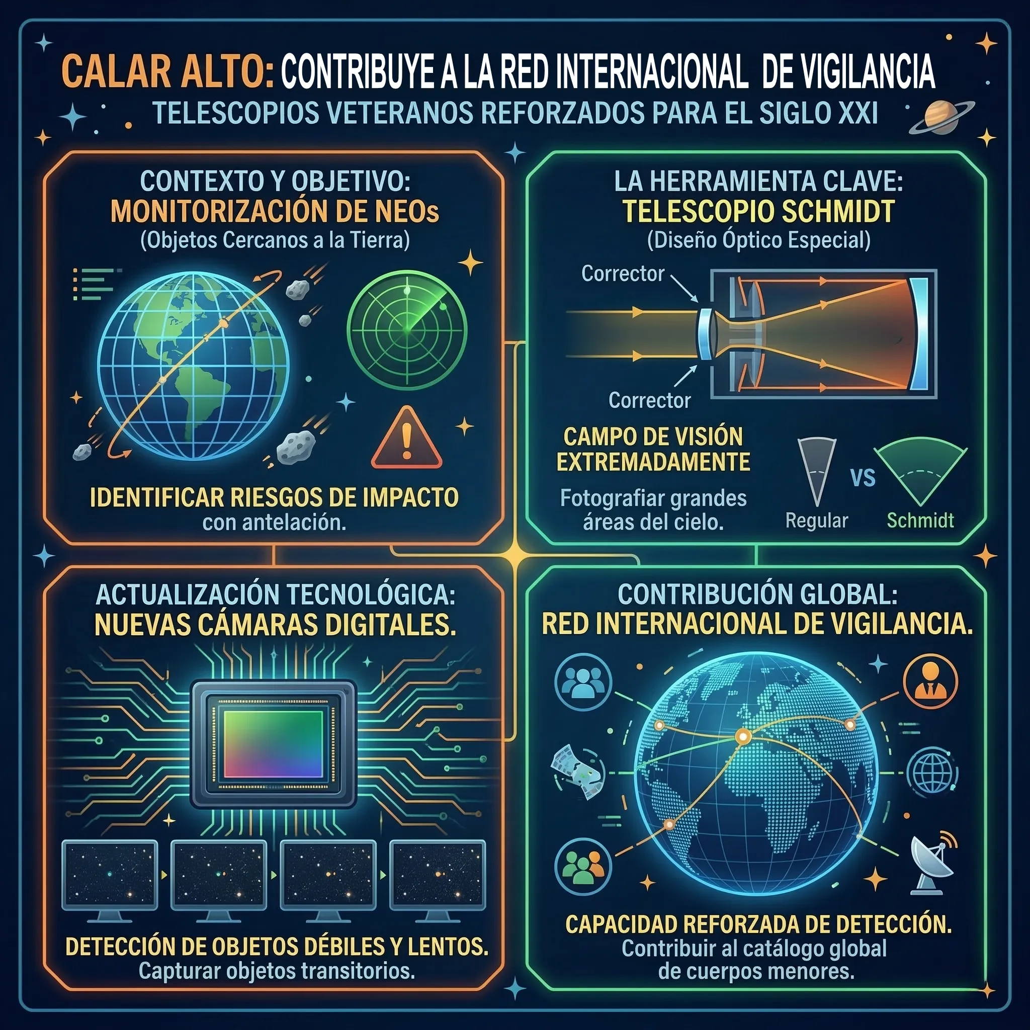 Infografía sobre el papel del Observatorio de Calar Alto en la vigilancia internacional de asteroides cercanos a la Tierra mediante telescopios Schmidt y nuevas cámaras digitales.