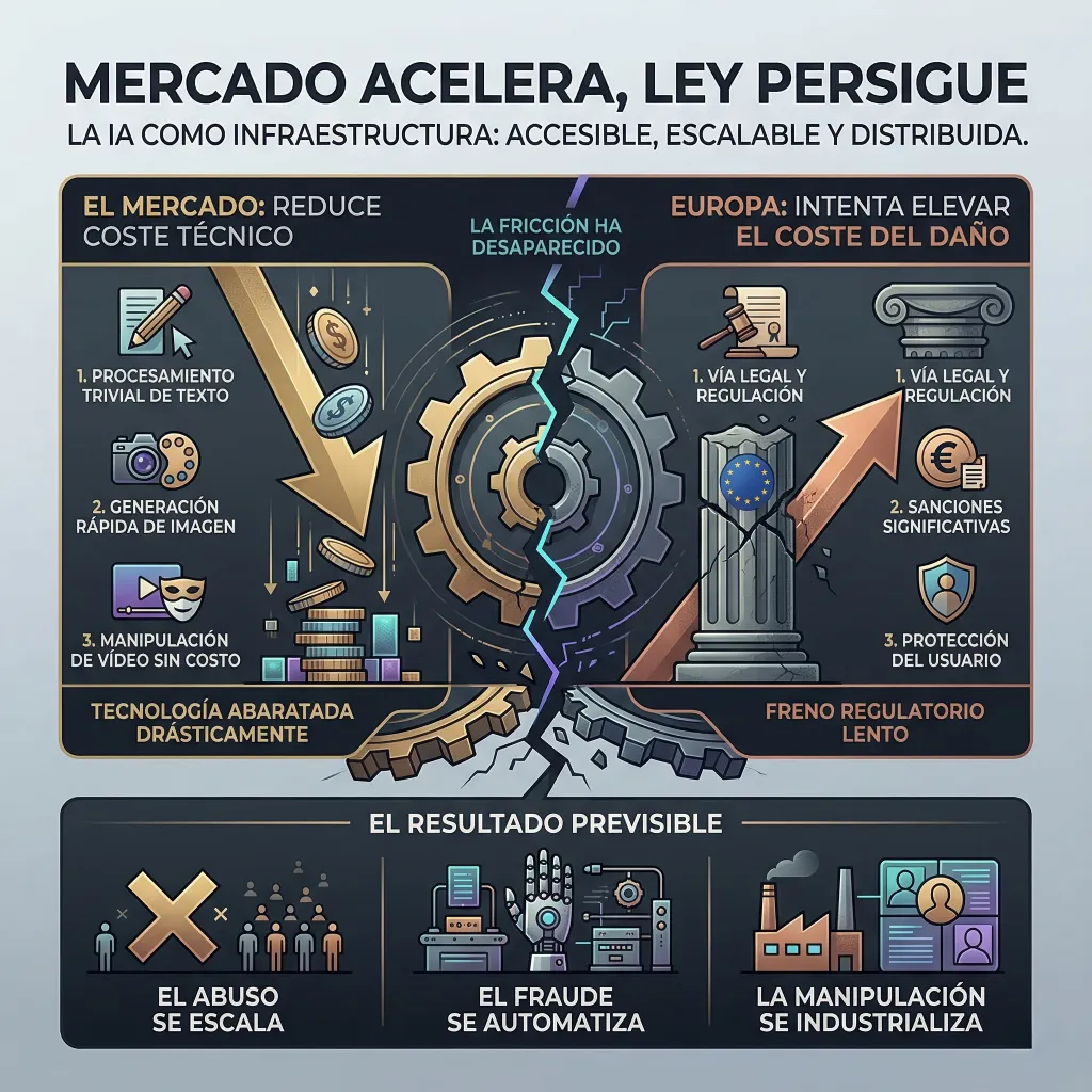Infografía sobre el impacto de la inteligencia artificial en el mercado y la regulación europea, mostrando cómo la reducción de costes tecnológicos acelera el abuso, el fraude automatizado y la manipulación a gran escala.
