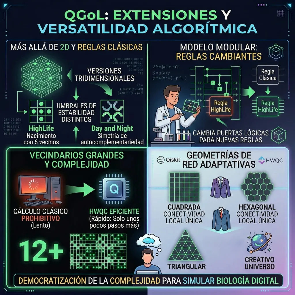 Infografía sobre las extensiones del Juego de la Vida Cuántico (QGoL), mostrando variantes como HighLife y Day & Night, vecindarios ampliados y diferentes geometrías de red como cuadrada, triangular y hexagonal para simular sistemas complejos.
