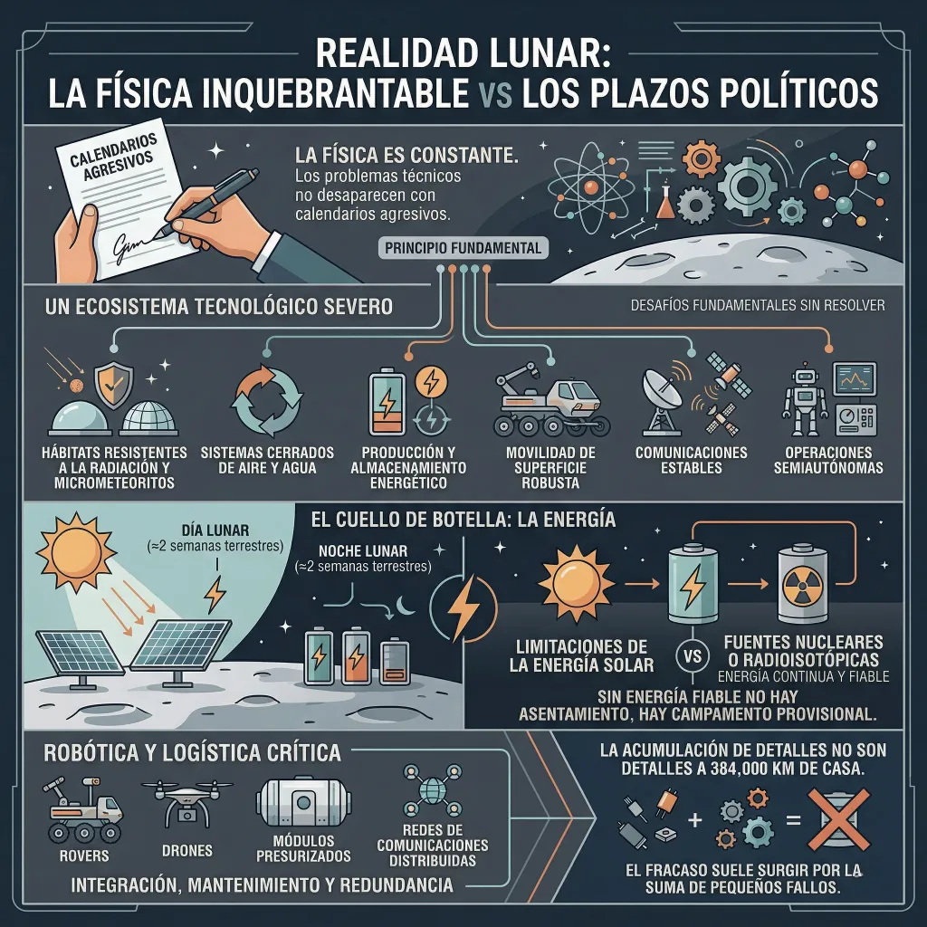 Desafíos técnicos de la base lunar: energía, logística y límites físicos frente a la presión política Infografía sobre los desafíos técnicos de una base lunar, incluyendo energía, hábitats, logística, comunicaciones y el conflicto entre los límites físicos y los plazos políticos.