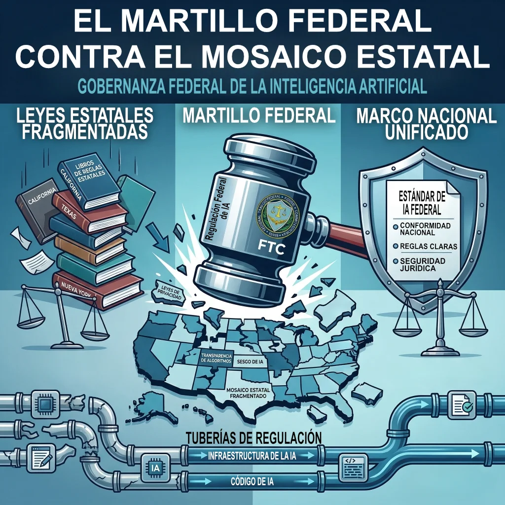 Ilustración del intento del gobierno federal estadounidense de unificar la regulación de la inteligencia artificial frente a las leyes estatales fragmentadas.