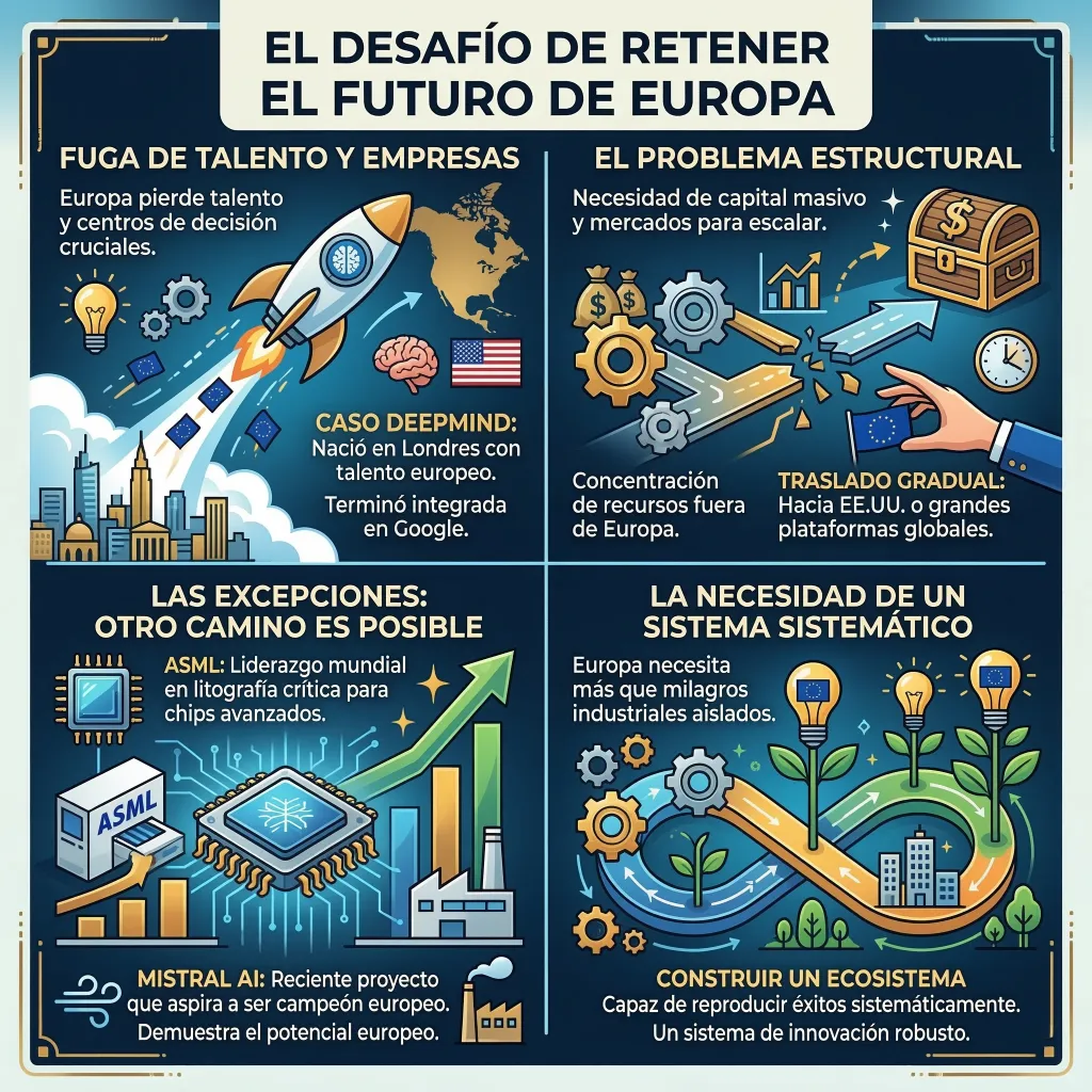 Infografía sobre el desafío de Europa para retener talento tecnológico y construir un ecosistema de innovación.