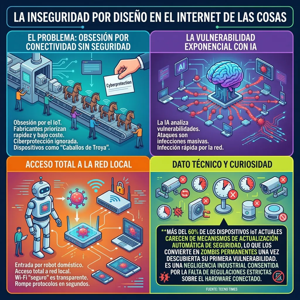 La inseguridad por diseño en el Internet de las Cosas Infografía sobre la inseguridad por diseño en el Internet de las Cosas y las vulnerabilidades de dispositivos IoT conectados