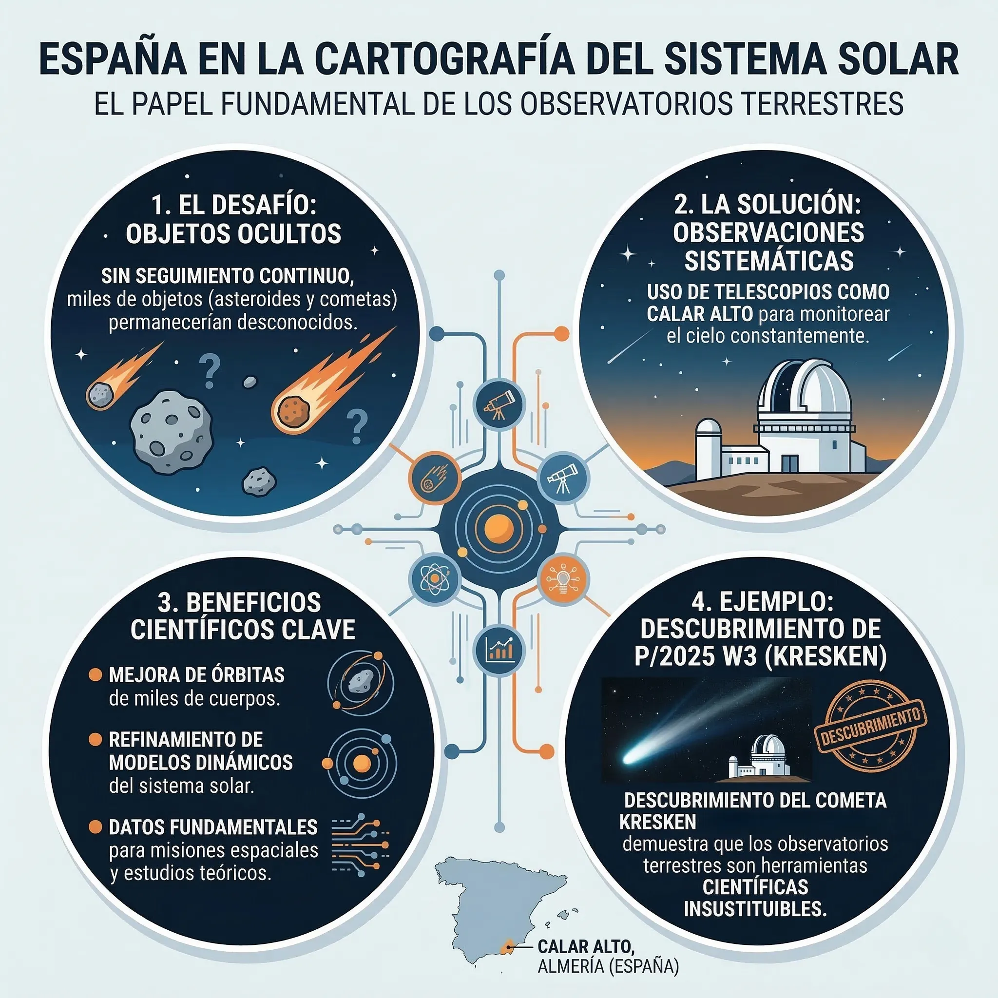 Infografía sobre el papel de los observatorios terrestres españoles, como Calar Alto, en la cartografía del sistema solar y el descubrimiento del cometa P/2025 W3 (Kresken).