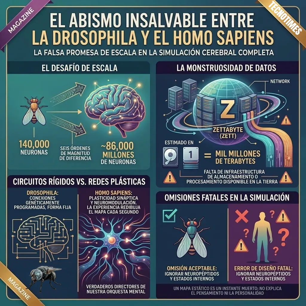 Infografía que compara el cerebro de la mosca con el humano, mostrando la diferencia de escala, complejidad y limitaciones en la simulación neuronal.