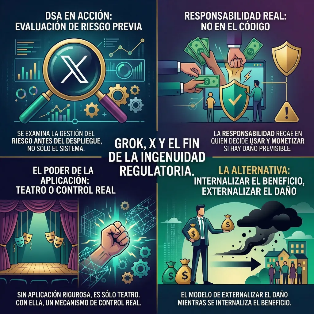 Infografía sobre regulación de IA en Europa que muestra el paso de la evaluación de riesgos previa a la responsabilidad real en el uso, destacando el papel de la aplicación efectiva frente al teatro regulatorio y el problema de externalizar el daño.