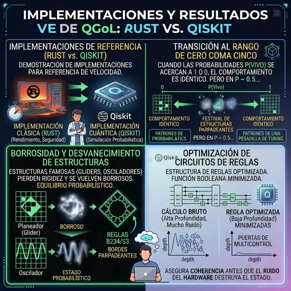 Infografía técnica sobre implementaciones del Juego de la Vida Cuántico (QGoL), comparando simulaciones en Rust y Qiskit, optimización de circuitos cuánticos y comportamiento probabilístico de estructuras como gliders y osciladores.