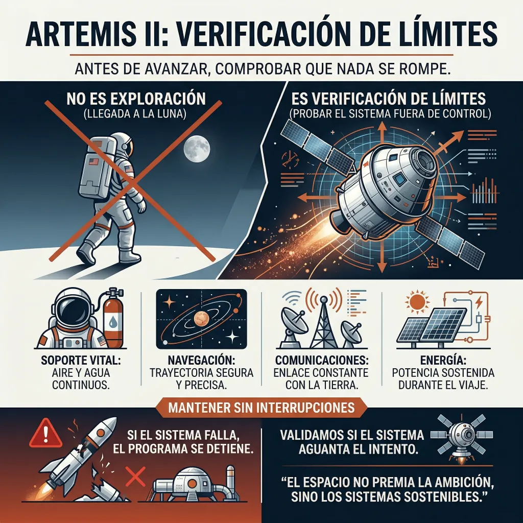 Infografía de Artemis II que compara exploración lunar con verificación de límites, destacando soporte vital, navegación, comunicaciones y energía como sistemas críticos en espacio profundo