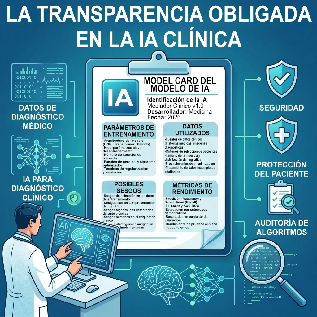 Infografía sobre tarjetas de modelo o model cards que documentan datos, sesgos y métricas de rendimiento en sistemas de inteligencia artificial médica.