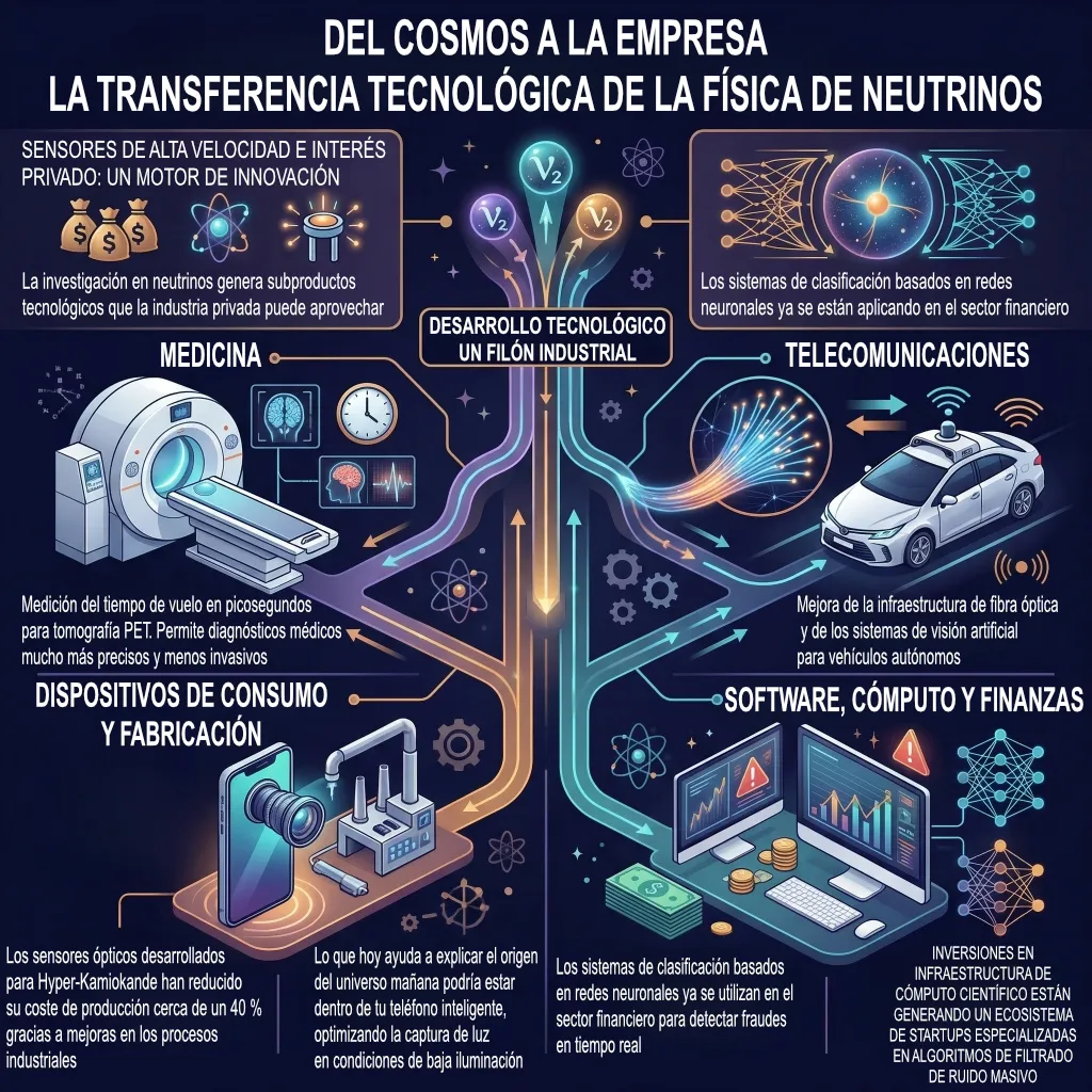 Transferencia tecnológica de la física de neutrinos hacia industria y tecnología. Infografía sobre cómo la investigación en neutrinos genera tecnologías aplicadas en medicina, telecomunicaciones, sensores ópticos e inteligencia artificial.
