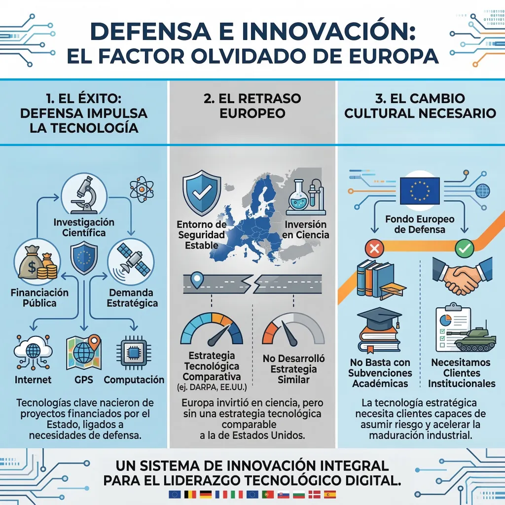 Infografía sobre el papel de la defensa en la innovación tecnológica y el retraso estratégico de Europa.