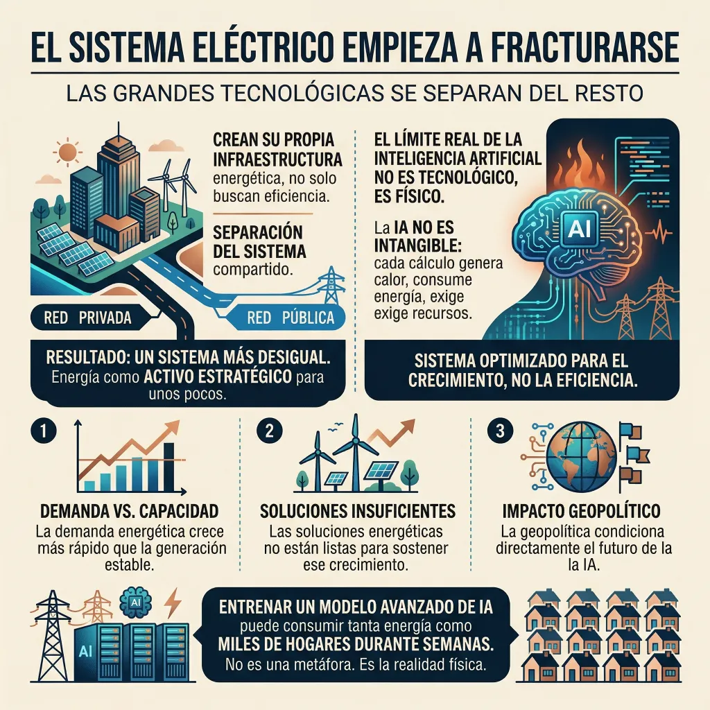 Infografía sobre la fragmentación del sistema eléctrico, mostrando cómo las grandes tecnológicas crean infraestructuras energéticas propias, separándose de la red pública y generando desigualdad energética.