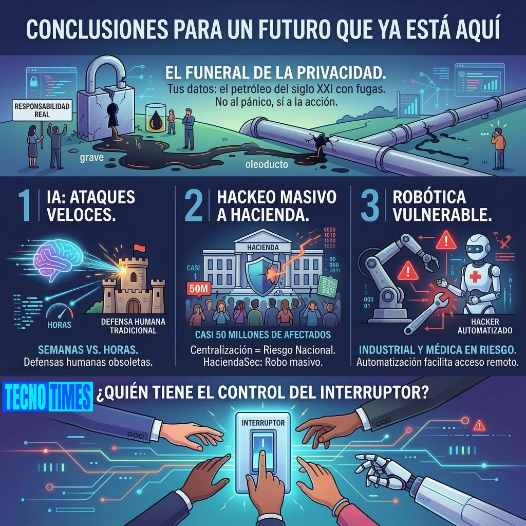 Conclusiones sobre IA, ciberseguridad y vulnerabilidades tecnológicas Infografía de conclusiones sobre ciberseguridad, ataques con IA, hackeo masivo de datos y vulnerabilidades en sistemas robóticos