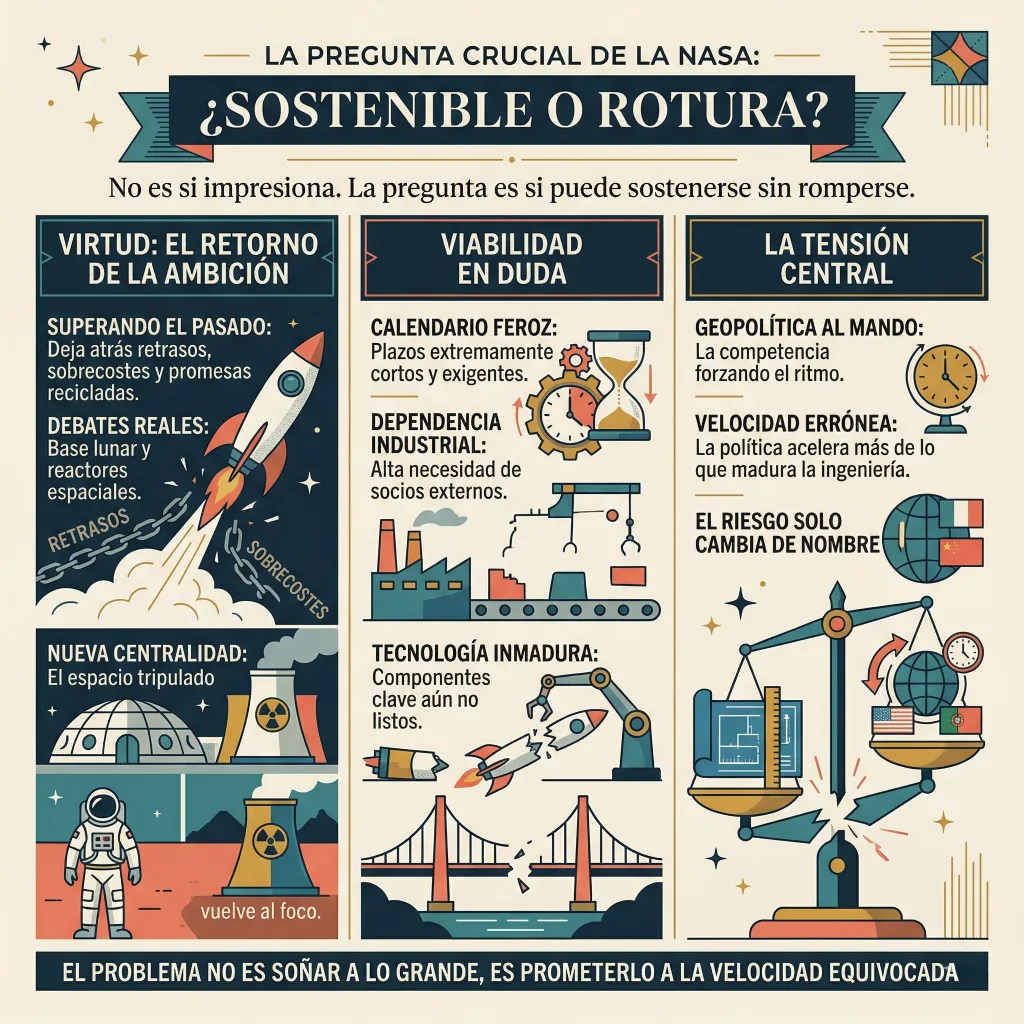 Sostenibilidad del programa espacial de la NASA: ambición, riesgos y tensión entre política e ingeniería Infografía sobre la viabilidad del programa espacial de la NASA, analizando la ambición, los riesgos técnicos, la presión política y la sostenibilidad de una base lunar y misiones a Marte.