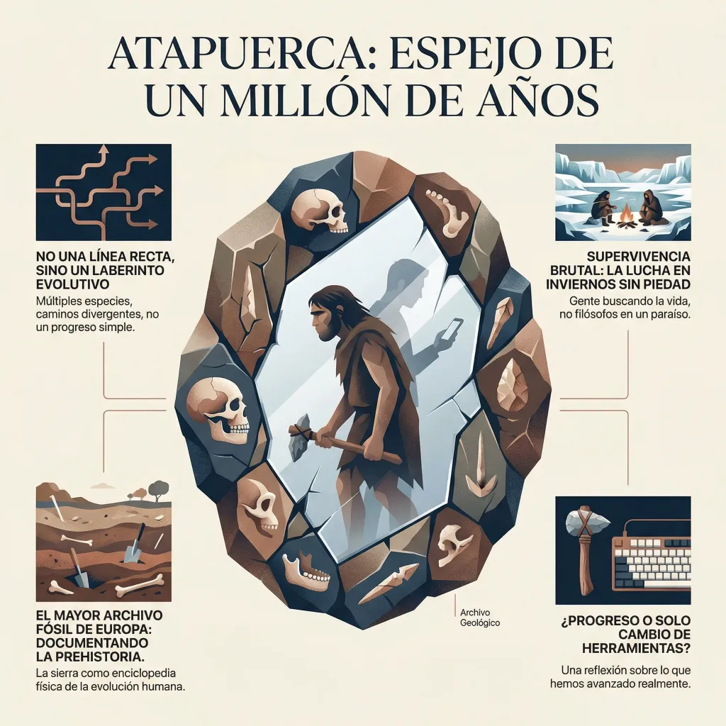 Infografía sobre Atapuerca que muestra la evolución humana como un proceso no lineal, destacando supervivencia, registro fósil y cuestionando el mito del progreso.