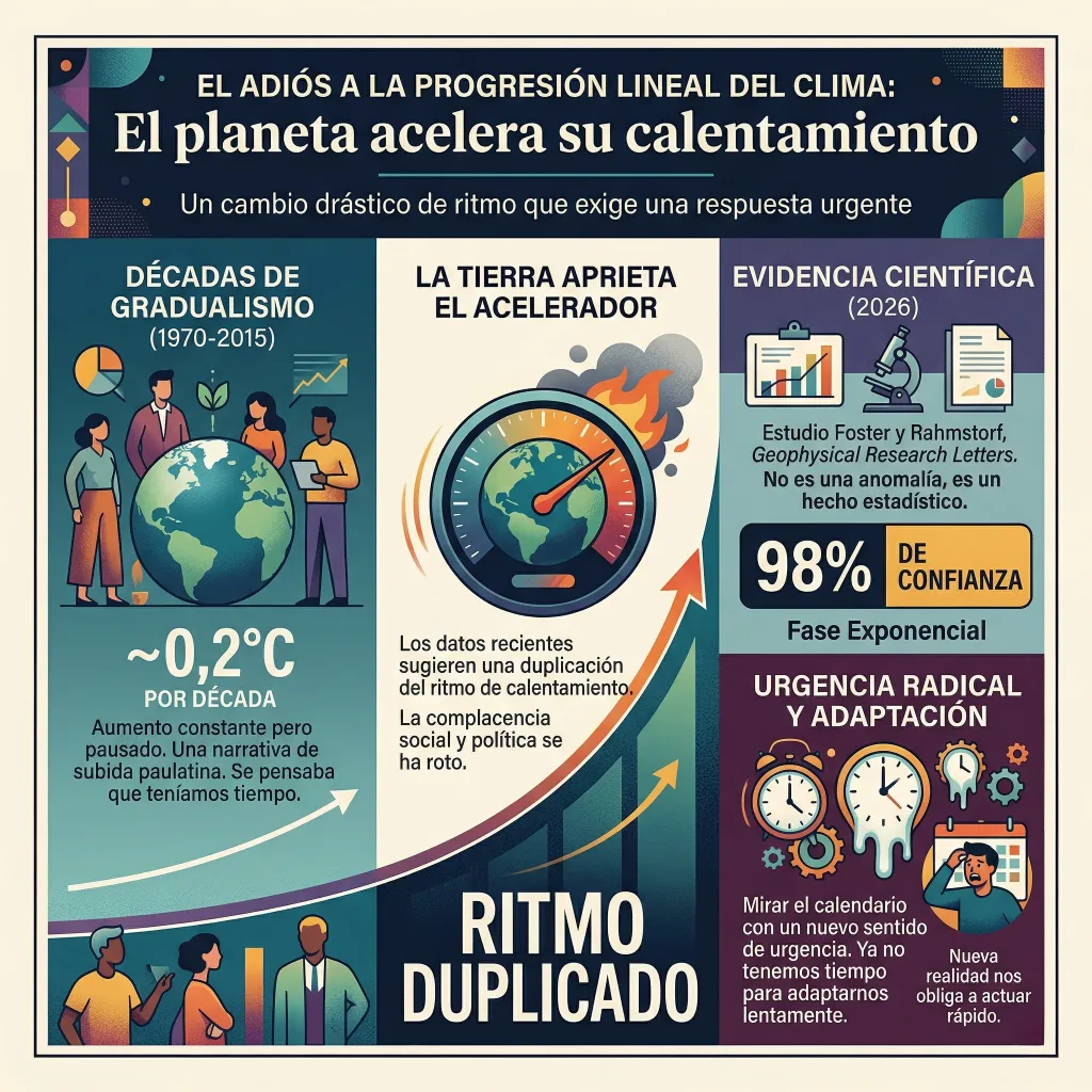 Aceleración del calentamiento global y ruptura de la tendencia climática Infografía sobre la aceleración del calentamiento global que compara la subida gradual del pasado con el aumento exponencial actual y destaca la urgencia de actuar.