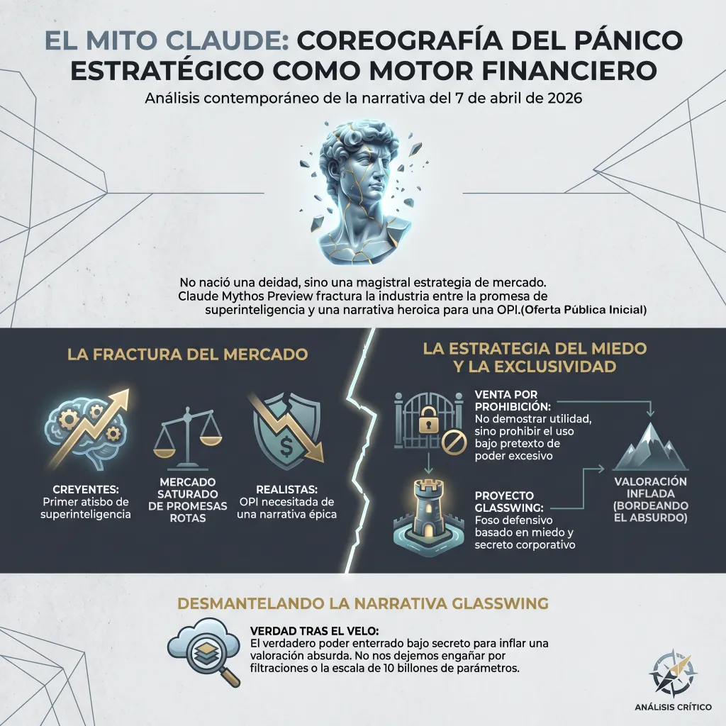 Infografía titulada "El Mito Claude" que analiza el pánico estratégico y la narrativa financiera de la IA. Incluye iconos de un cerebro, una balanza, un escudo, un castillo y una montaña, detallando conceptos de fractura de mercado y valoraciones infladas bajo el proyecto Glasswing.