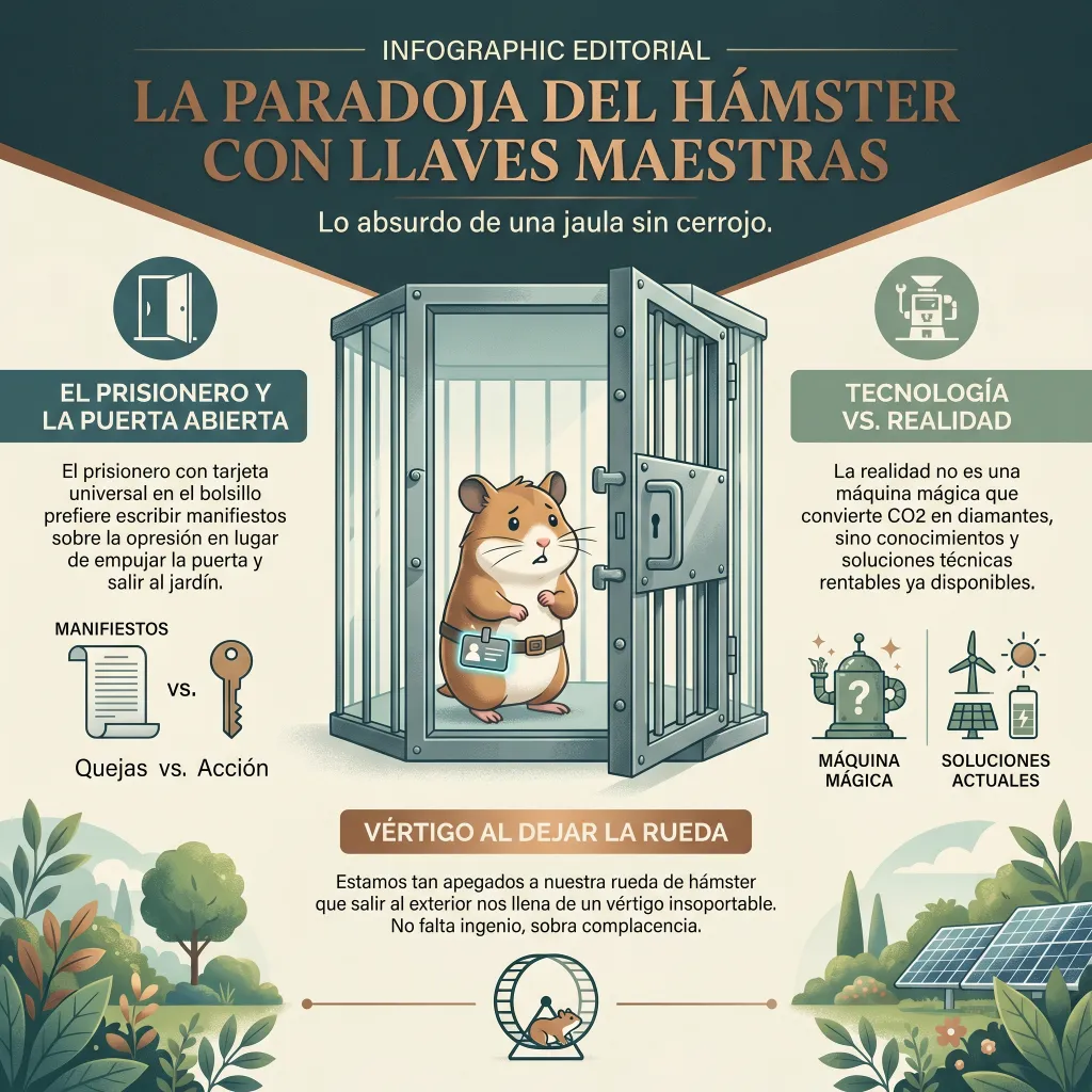 Infografía sobre la paradoja del hámster con llaves maestras que explica cómo la tecnología y las soluciones energéticas ya existen pero no se aplican pese a tener la salida disponible